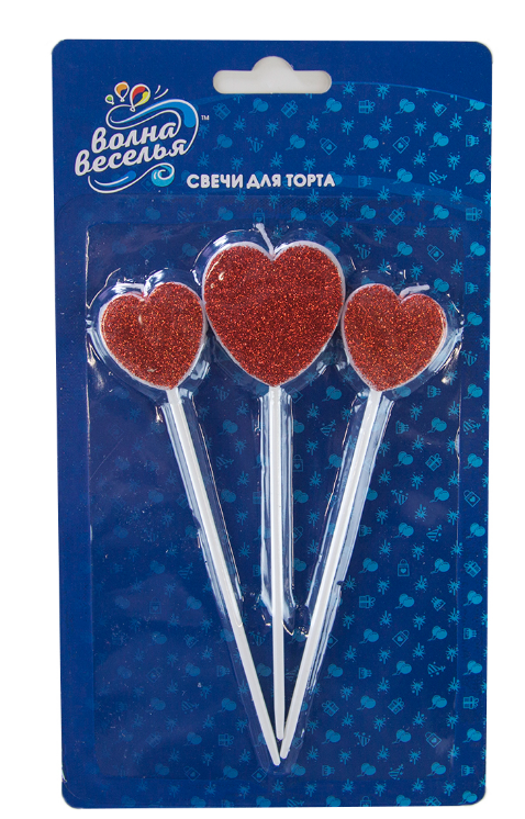 Набор свечей Сердце, Красный, с блестками, 8,5 см, 3 шт. с держат, 132521